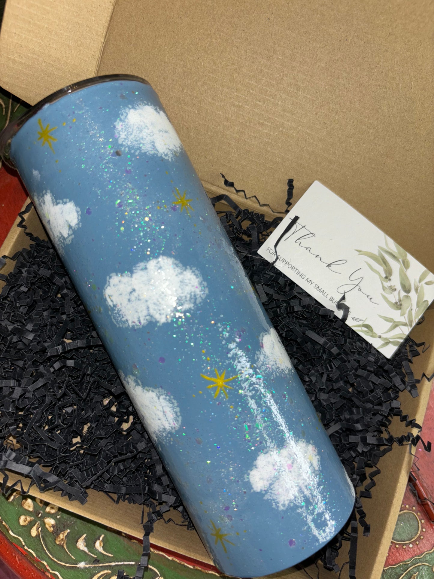 In the clouds hand painted stainless steel tumbler