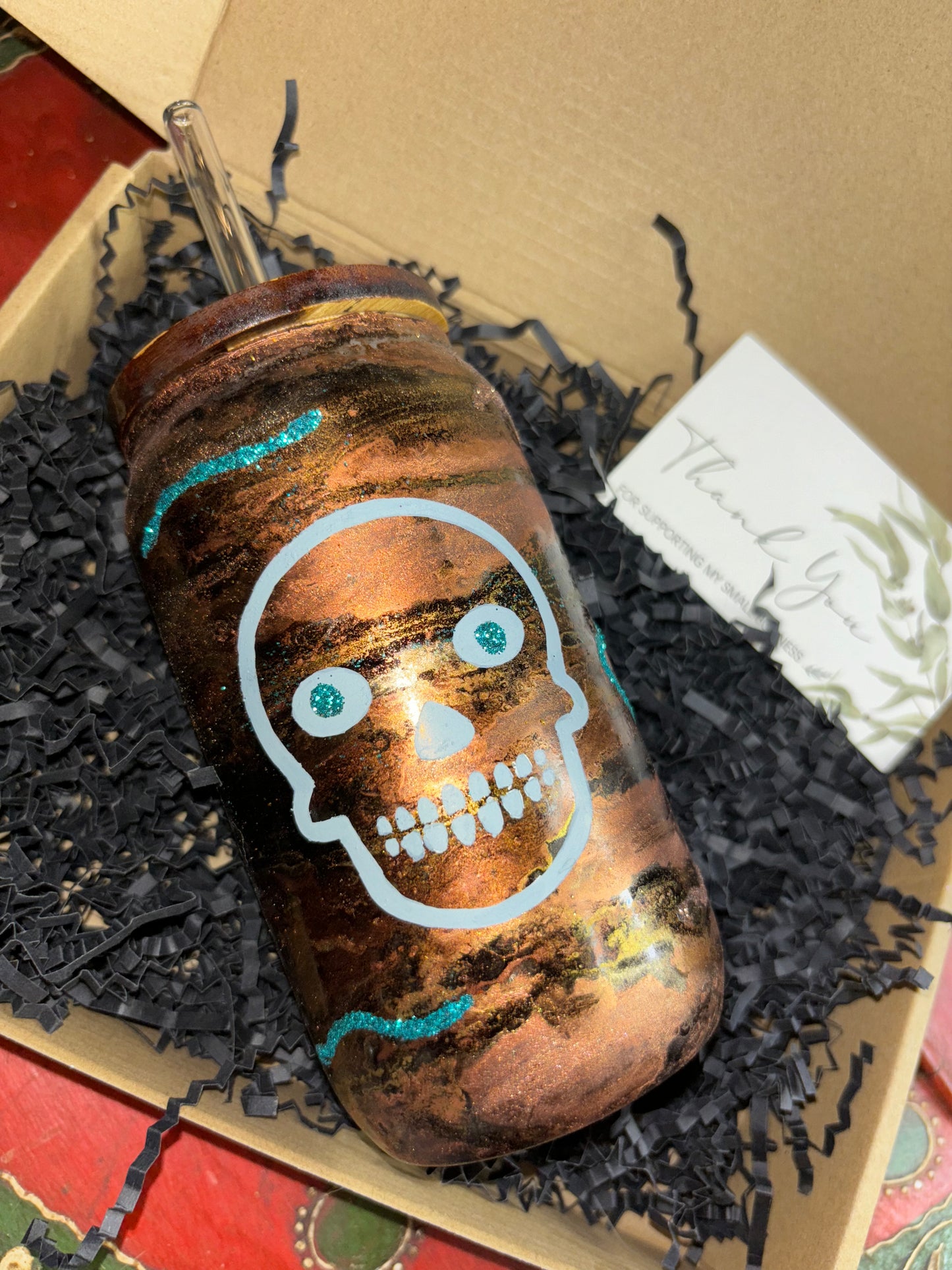 Brown turquoise skeleton cowboy glass tumbler