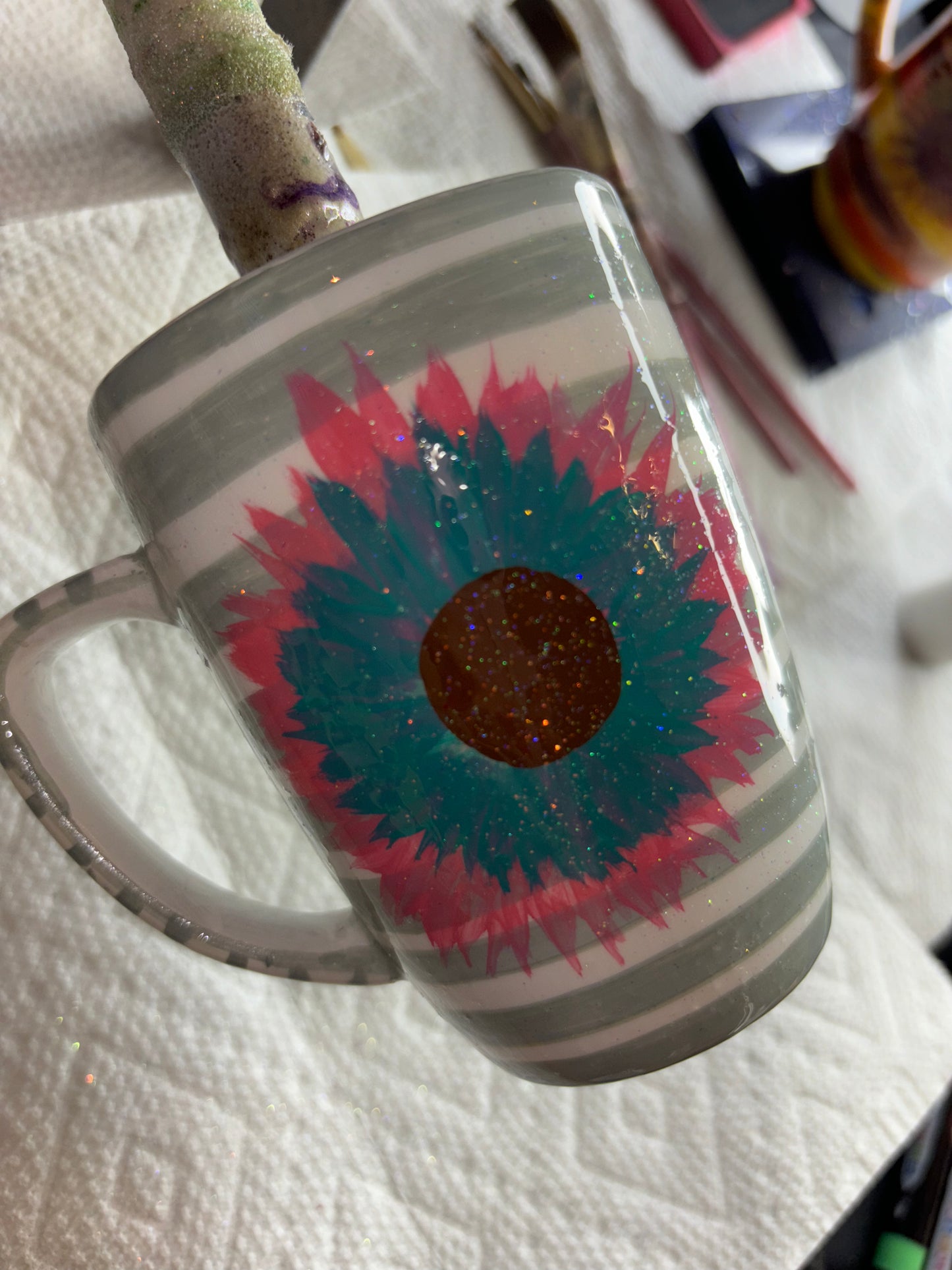 Pink and teal flower mug