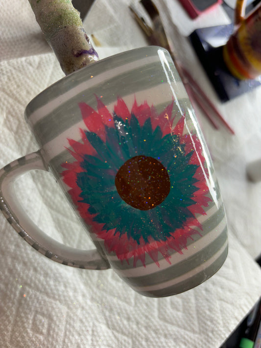 Pink and teal flower mug