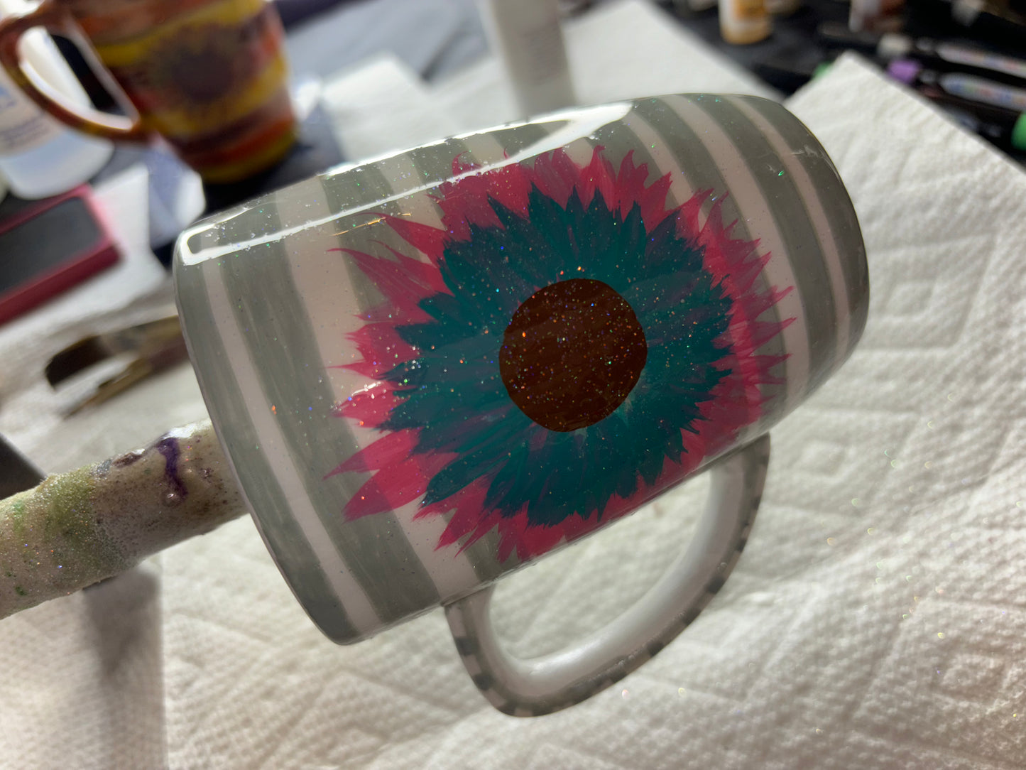 Pink and teal flower mug